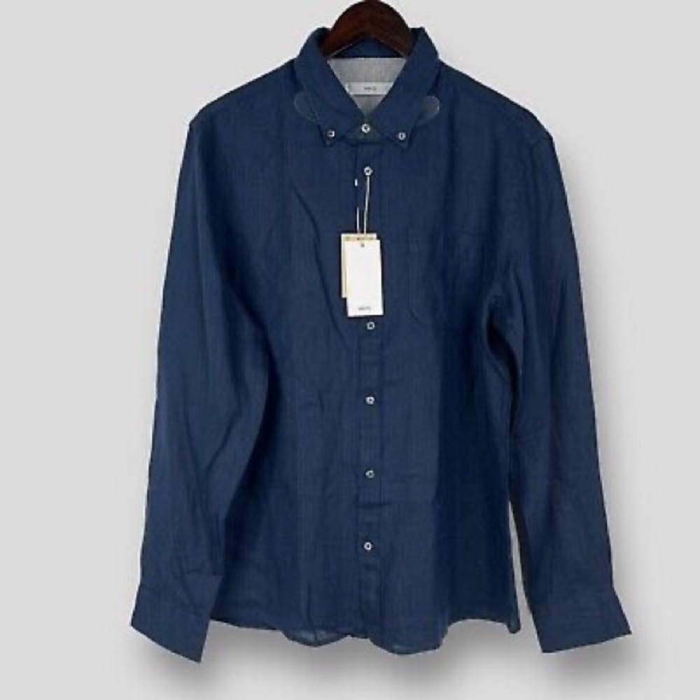MANGO linen Navy Blue Button-Up collarless shirt